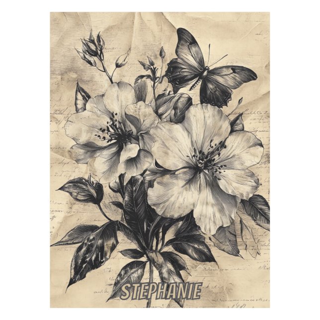 Nappe Fleurs et papillons rustiques - Papier vieilli (4) (Devant)