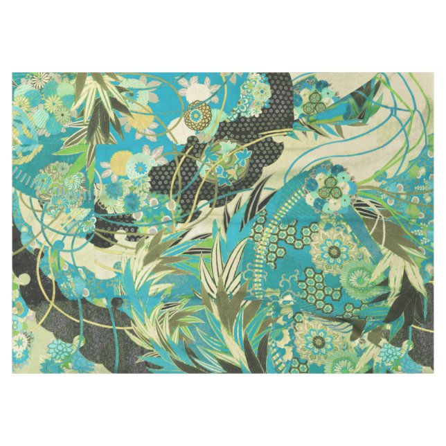 Nappe FLEURS JAPONAISES ANCIENNES Aqua Blue Green Floral (Devant (Horizontal))