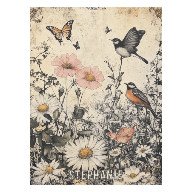 Nappe Fleurs, oiseaux et papillons sur papier vieilli (1 (Devant)