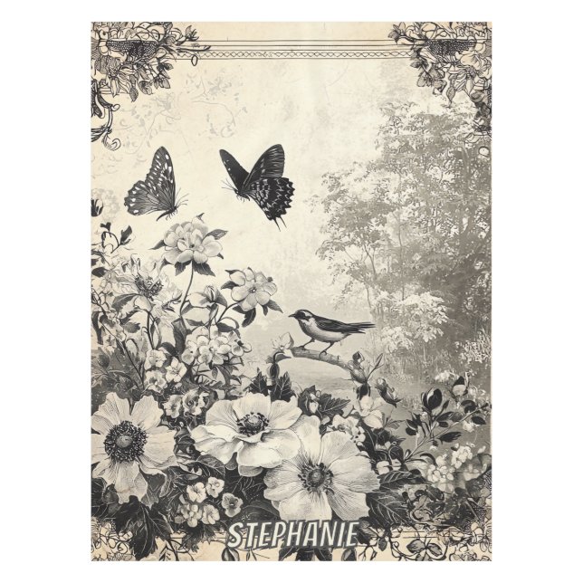 Nappe Fleurs, oiseaux et papillons sur papier vieilli (3 (Devant)