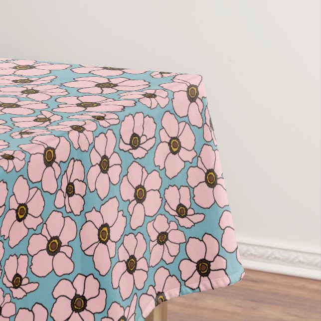 Nappe Fleurs roses sur fond bleu sarcelle  (In Situ)