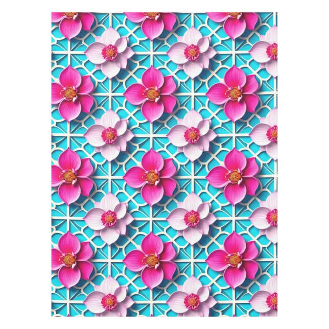 Nappe Fleurs roses sur un Arrière - plan bleu géométriqu (Devant)