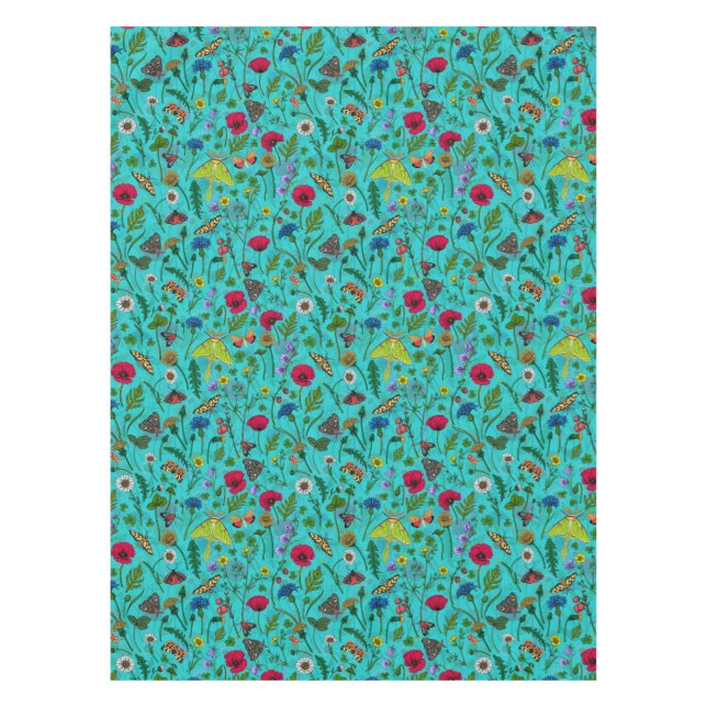 Nappe Fleurs sauvages et papillons de nuit sur turquoise (Devant)