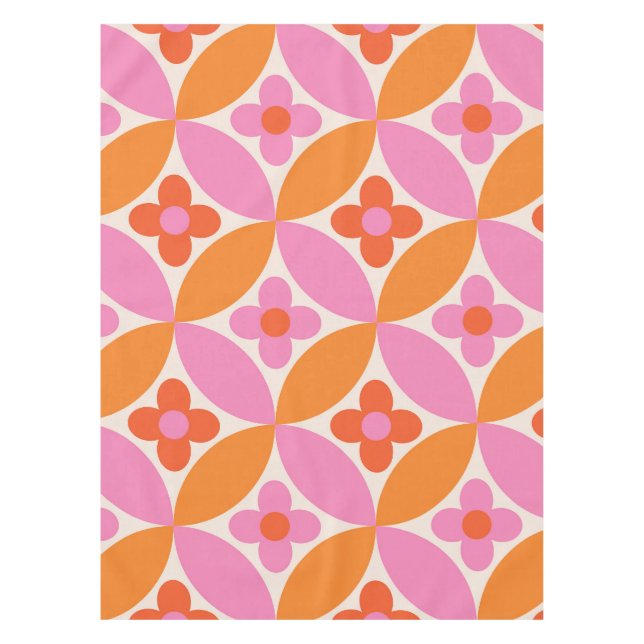 Nappe Fleurs sur cercles rose orange milieu du siècle  (Devant)
