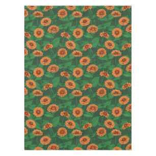 Nappe Fleurs Zinnia orange, feuilles verts sur vert fonc