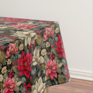 Nappe Floral De Poinsettia D'Hiver Avec Baies Et Pins