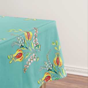 Nappe floral hongrois blanc jaune turquoise