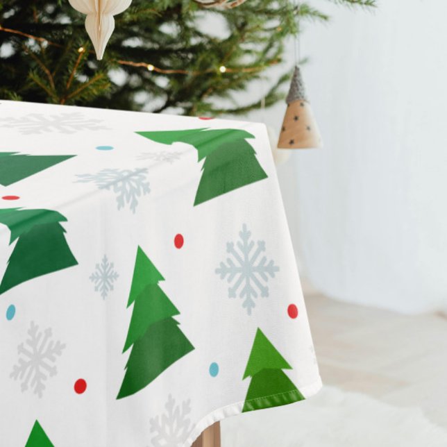 Nappe Forêt d'arbres de Noël, flocons de neige et point  (Modern Christmas trees with snowflakes and dots white tablecloth)