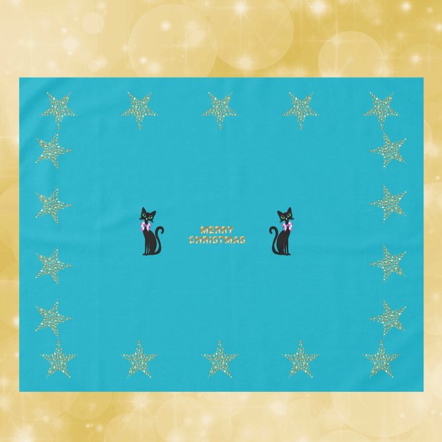 Nappe Gold Teal Merry Christmas Cats Stars pink Bows (Merry Christmas black cats in pink bows gold stars on vibrant teal Christmas dinner table cloth.)