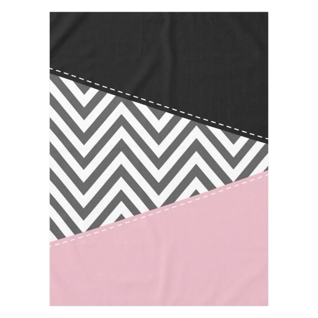 Nappe Gris Zigzag, Gris Chevron, Motif Zigzag, Rose (Devant)