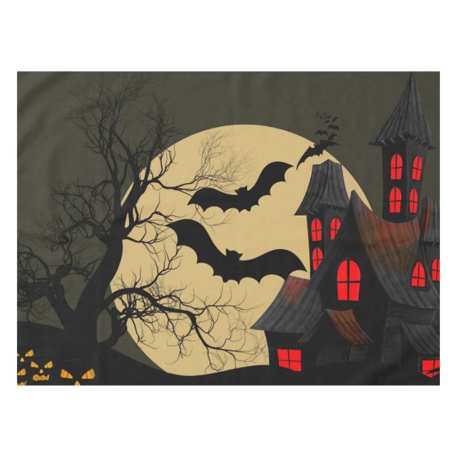 Nappe Halloween Rouge noir Haunted Maison Pleine lune ch (Devant (Horizontal))