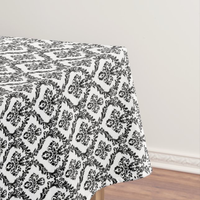 Nappe Halloween Victorian Damask Brocade noir sur blanc (In Situ)