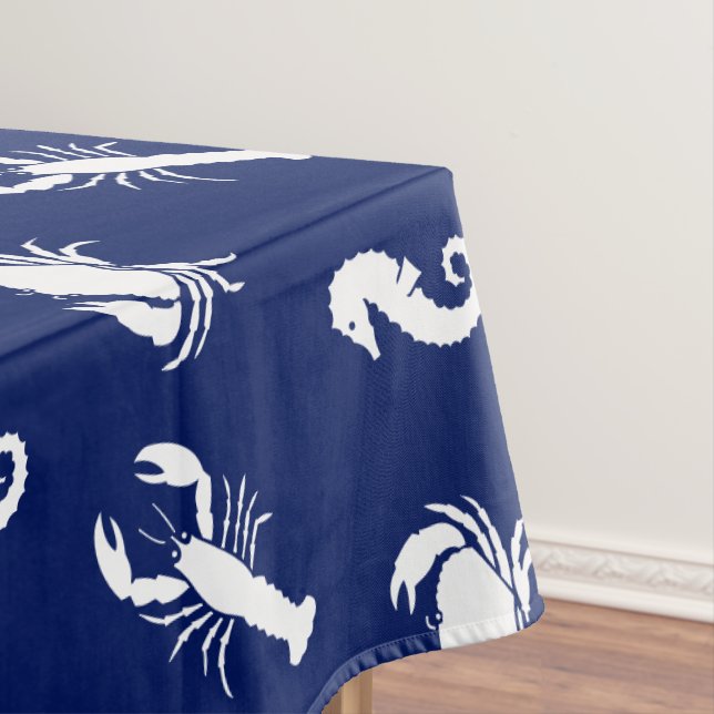 Nappe Homard crabe hippocampe marine bleu et blanc motif (In Situ)