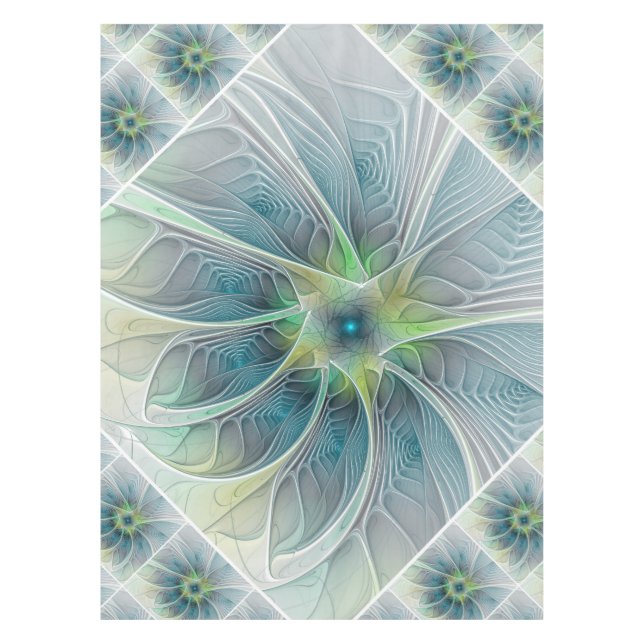 Nappe Imaginaire fleuri Moderne Bleu Vert Fractal Fleur (Devant)