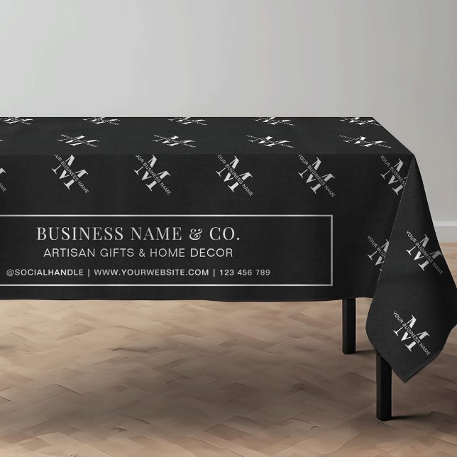 Nappe Initiales commerciales noires minimes Monogramme M (Minimalist black monogrammed business trade show tablecloth with fully editable text & colors)