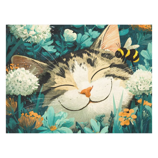 Nappe Jardin de fleurs de chat endormi aquarelle abeille (Devant (Horizontal))