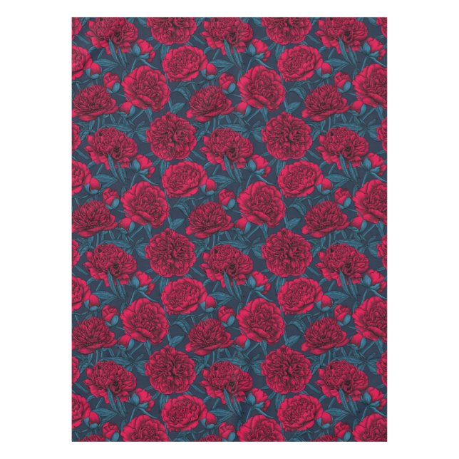 Nappe Jardin de pivoine rouge sur bleu foncé (Devant)