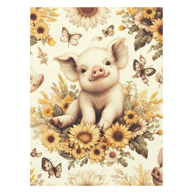 Nappe Joli Motif de cochon de tournesol Vintage (Devant)