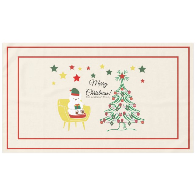 Nappe Joyeux Noël Joli Ours Blanc & Monogramme Arbre (Devant (Horizontal))