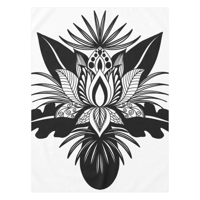 Nappe Lotus Leaf moderne Bohème Noir Blanc Tropical (Devant)