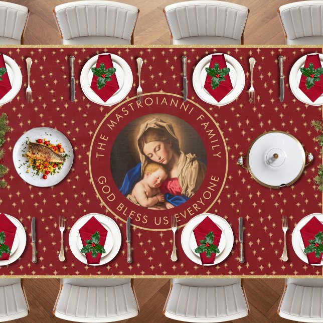Nappe Madonna & Enfant catholique cadeau de Noël religie (Religious Christmas tablecloth with Madonna and Child in red and gold)