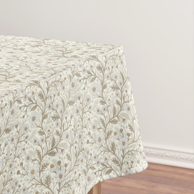 Nappe Marguerites en blanc et marron sur fond blanc cass (In Situ)