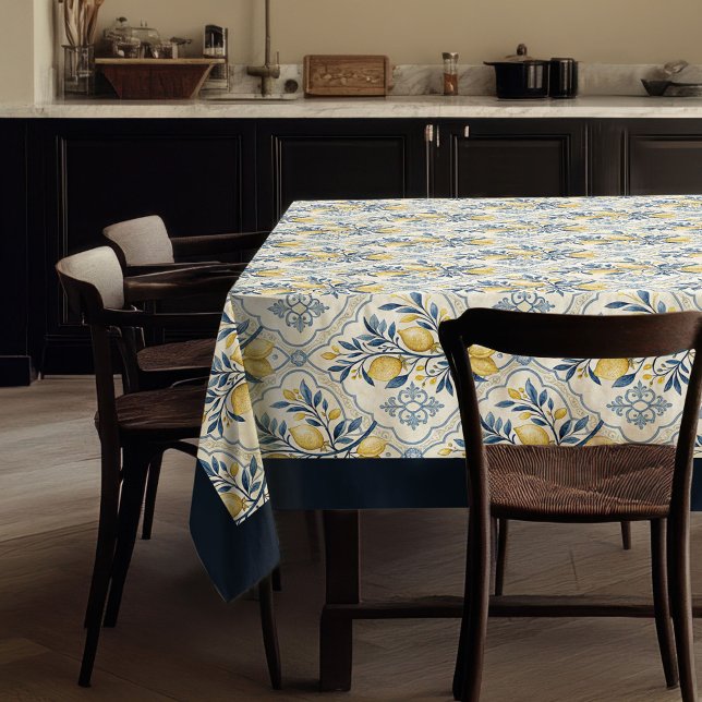 Nappe Mélons jaune méditerranéen bleu marine carreaux (Mediterranean yellow lemons navy blue tiles tablecloth)