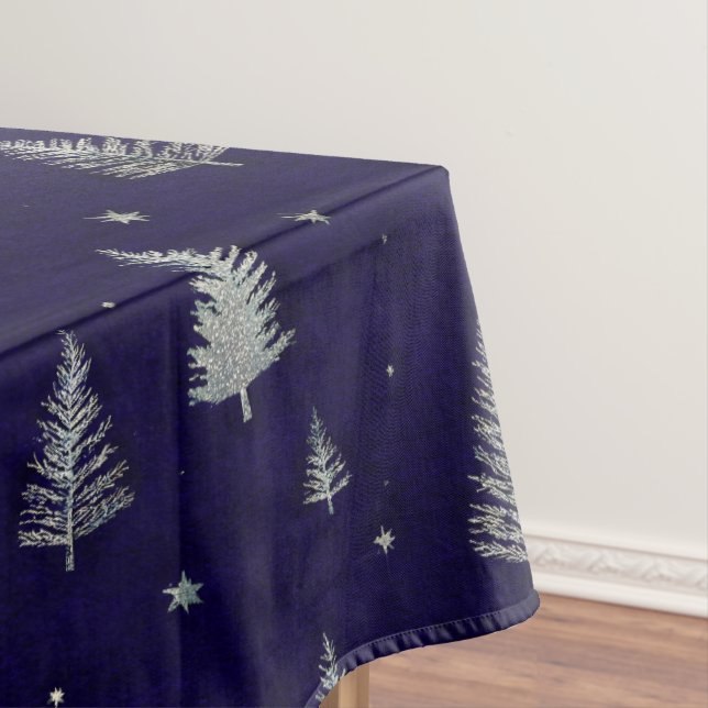 Nappe Modern Silver Glitter Christmas trees on blue (In Situ)