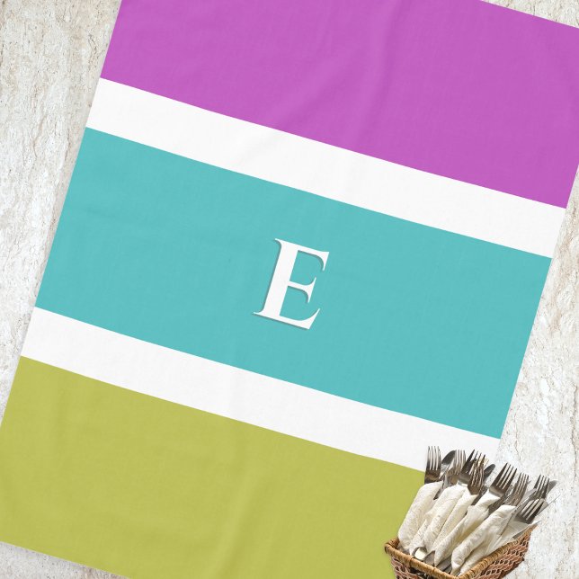 Nappe Moderne élégant Bright Block Couleur Chic Monogram (A bright tablecloth, with monogram and color block stripes in magenta, turquoise and lime green)