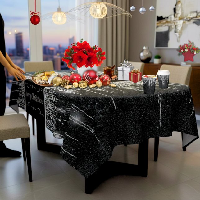 Nappe Moderne « Joyeux Noël » pailleté noir et argent (Modern black and silver Merry Christmas (or personalized) 60" x 104" (various sizes) tablecloth )