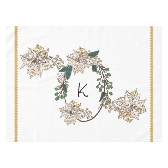 Nappe Monogram Gold Pointsettia Holiday Tablecloth (Devant (Horizontal))