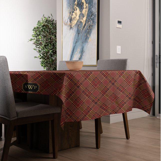 Nappe Monogramme rouge or plaid Tartan de Noël (Red Gold Plaid Monogram Christmas Tartan Tablecloth)
