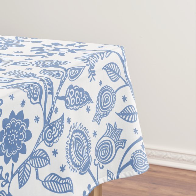 Nappe Motif botanique floral bleu blanc moderne boho (In Situ)