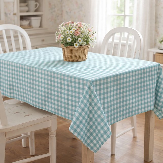 Nappe Motif carreaux gingham sarcelle et blanc classique (A teal and white gingham table cloth.)