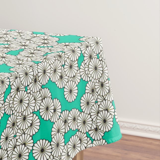 Nappe Motif de fleurs Art déco - blanc sur turquoise (In Situ)