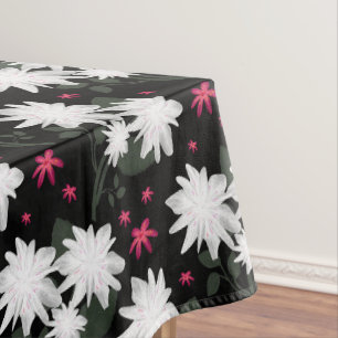 Nappe Motif floral blanc élégant sur fond noir