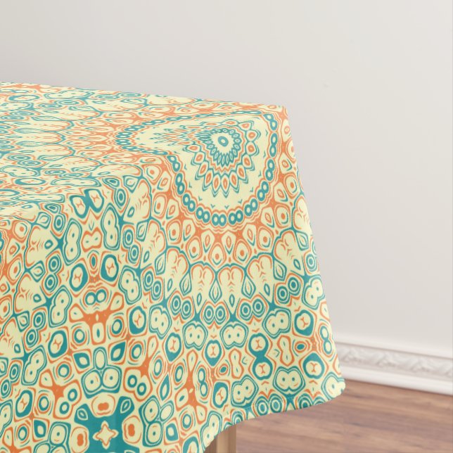 Nappe Motif Mandala Teal et Orange Tropical (In Situ)