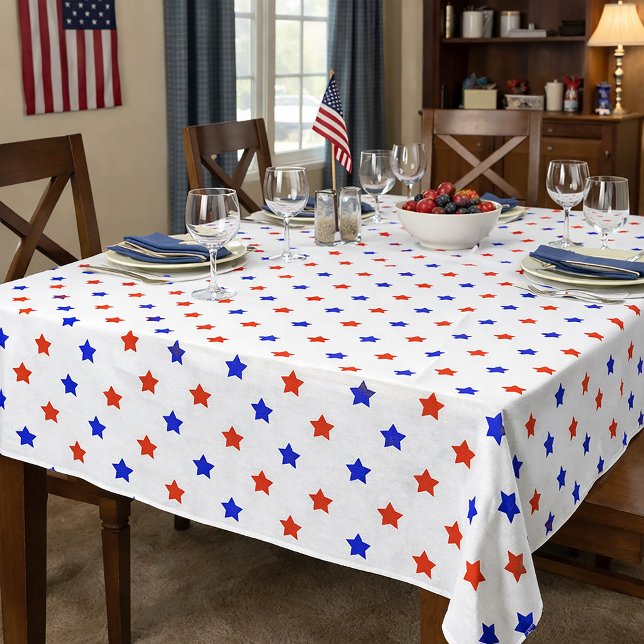 Nappe Motif Moderne Étoile Rouge et Bleue (A table cloth with red and blue stars on a white background.)