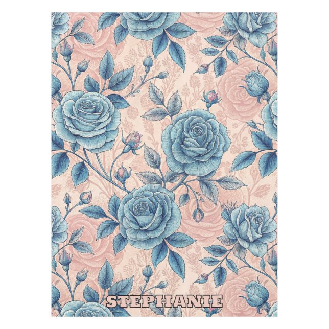 Nappe Motif Rose bleu rétro sur Arrière - plan rose doux (Devant)
