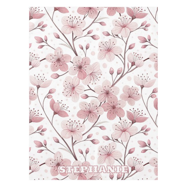 Nappe Motif Sakura en fleurs de cerises roses sur blanc  (Devant)