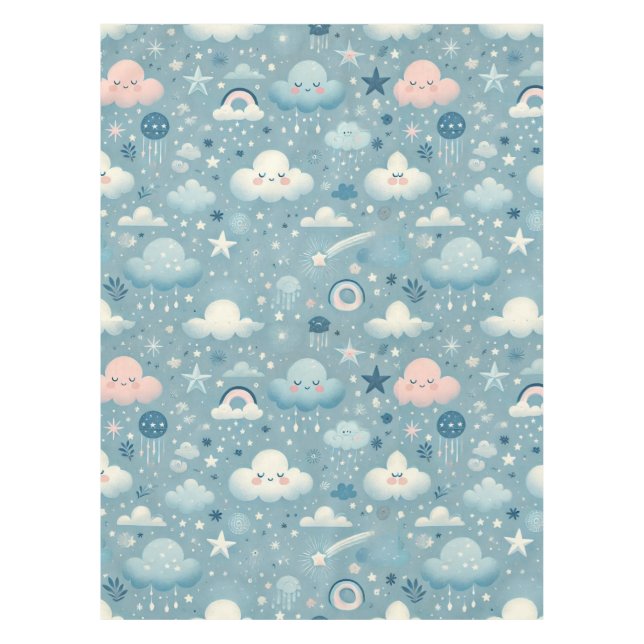 Nappe Motif Sky Whimsical avec nuages, étoiles - Bleu (Devant)