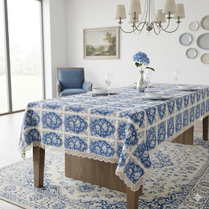 Nappe Motifs Floraux Toile De Jouy Française Bleu Vintag