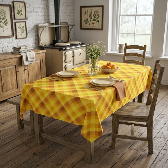 Nappe moyenne à carreaux jaune jaune d'œuf mignon (Cute Egg Yolk Yellow Plaid Medium Tablecloth covering a table in a farmhouse style dining room.)
