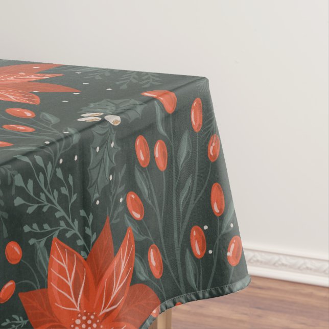 Nappe Noël Vintage Red Green Berries Poinsettia (In Situ)