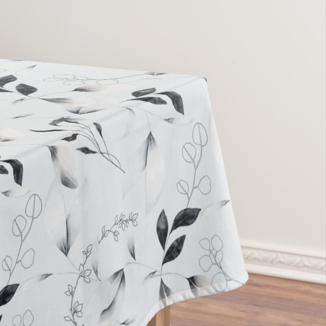 Nappe Noir Blanc Argent Gris Feuilles Florales  (In Situ)