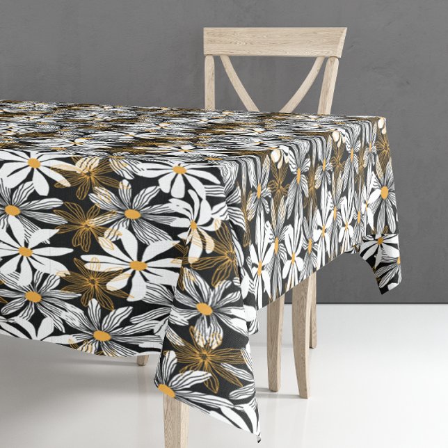 Nappe Noir, Blanc, Jaune Élégant Faisy Abstrait (Black, White, Yellow Elegant Daisy Floral Abstract Tablecloth)