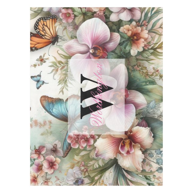 Nappe Nom du monogramme Fleurs tropicales Aquarelle feui (Devant)