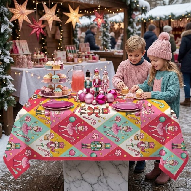 Nappe Nutcracker Rose Pâle et Fée Dragée Candyland (Blush Pink Nutcracker & Sugar Plum Fairy Candyland Tablecloth)