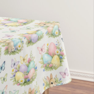 Nappe Œufs de Pâques et Lapins au pastel Fleurs et Papil