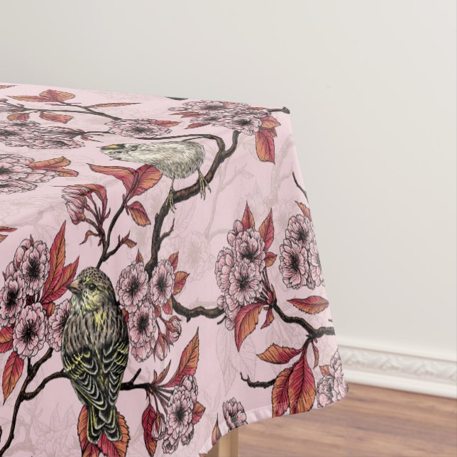 Nappe Oiseaux et fleurs de cerisier sur rose rose (In Situ)